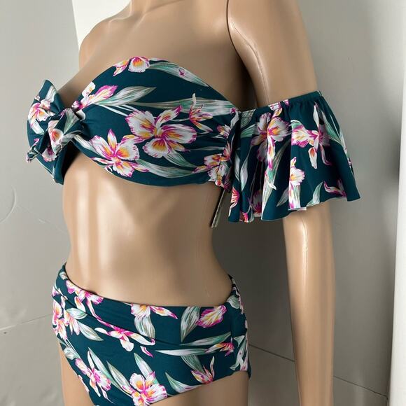 New Boutique Floral Print Emerald Green Off Shoulder Bikini Set - Picture 6 of 13